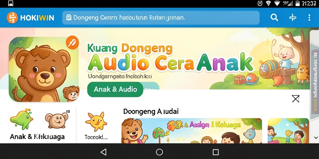 Antarmuka HOKIWIN yang ramah anak dengan pilihan dongeng audio.